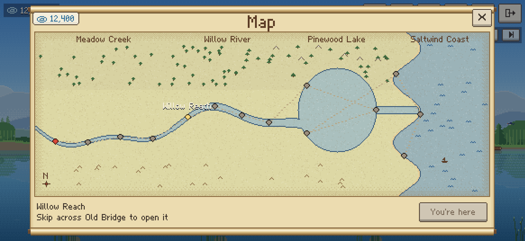 The map: a river winds from Meadow Creek past Pinewood Lake to the sea.