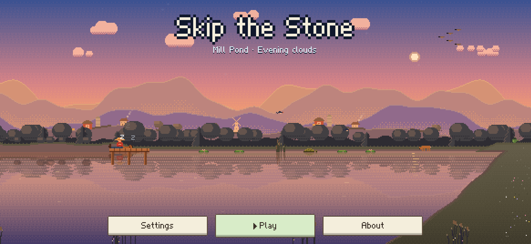 The game's main menu: the thrower dozes on a dock at Mill Pond as the sun sets over the hills.