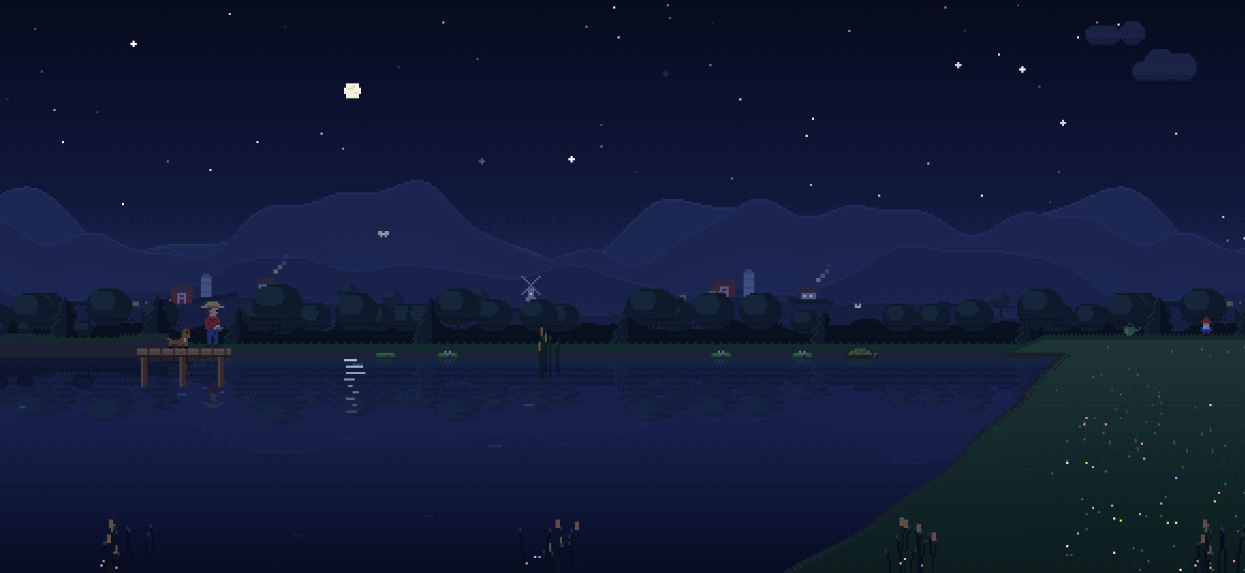 A starry night at Mill Pond, with a full moon and fireflies over the far bank.
