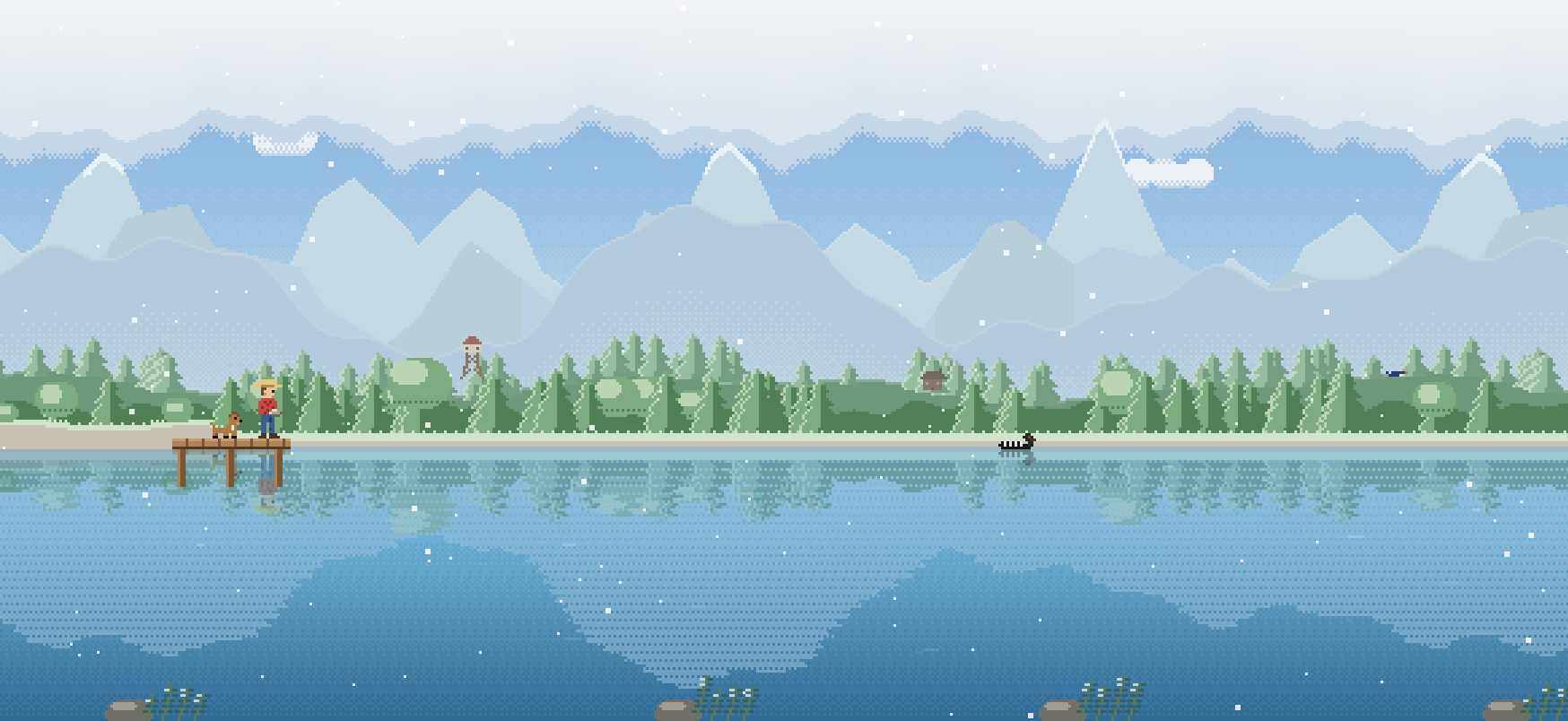 Snow falling over Loon Bay on Pinewood Lake, ringed with pines.