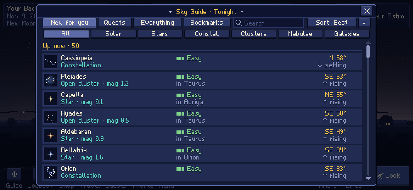 The Sky Guide: tonight's best targets with where they are in the sky and how easy they are for your telescope.