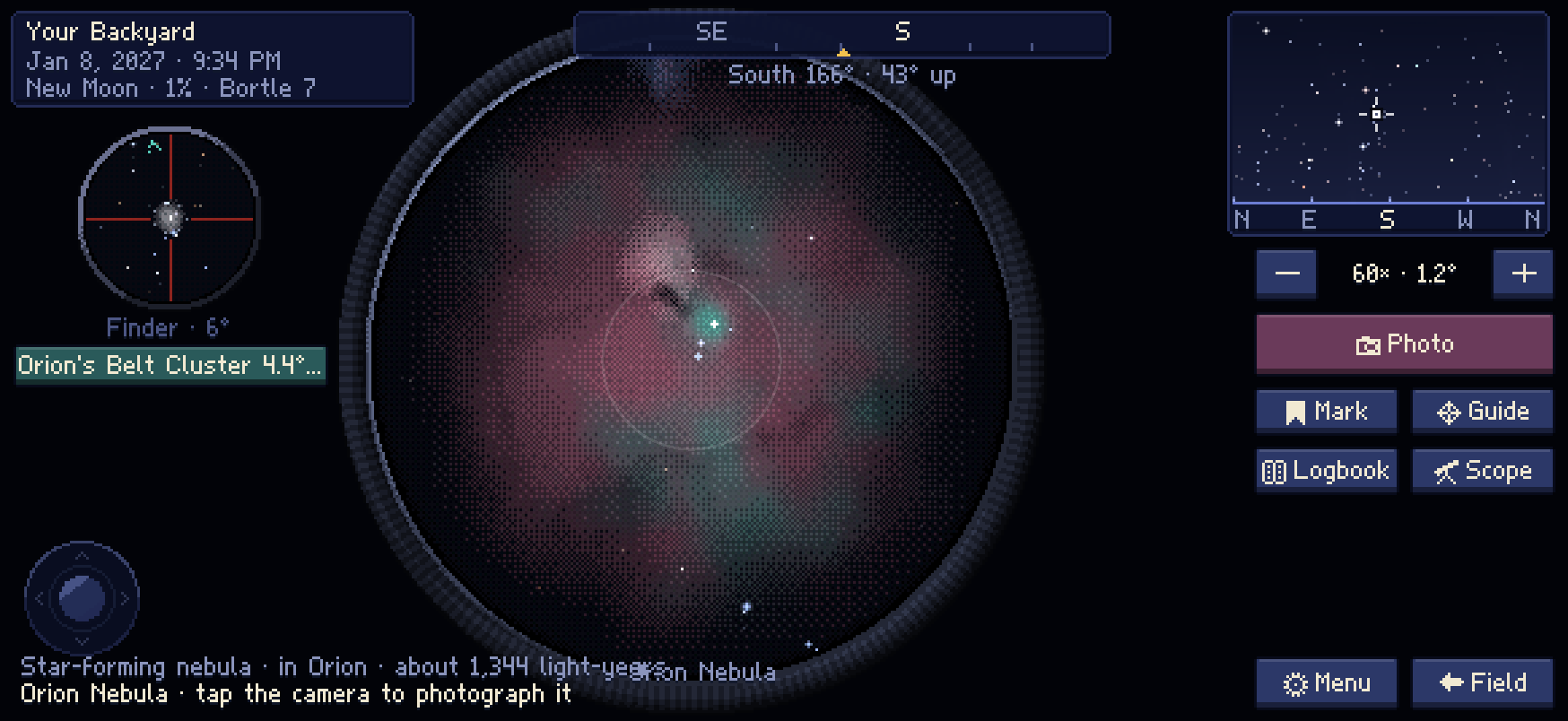 The Orion Nebula's glowing clouds in the eyepiece of a telescope.