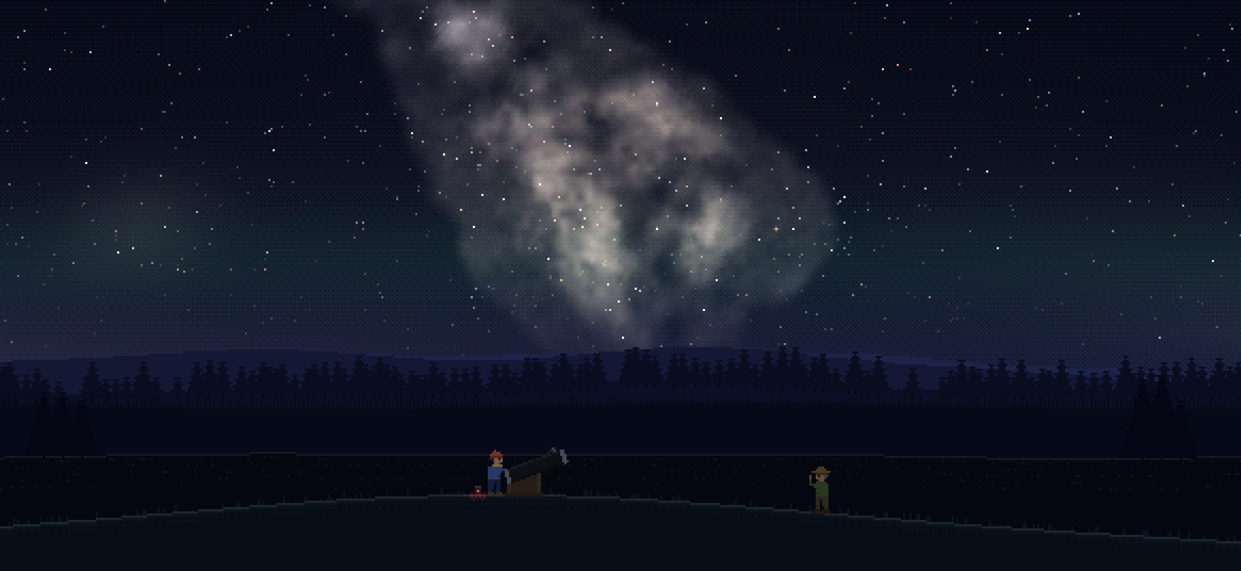 The Milky Way's bright core rising over the forest at Cherry Springs, with a stargazer at a telescope on the hill.