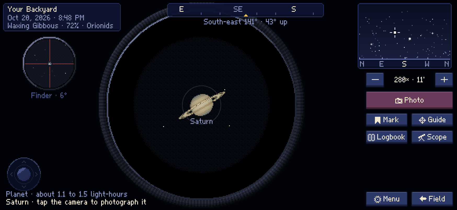 Saturn and its rings in the eyepiece of a telescope.