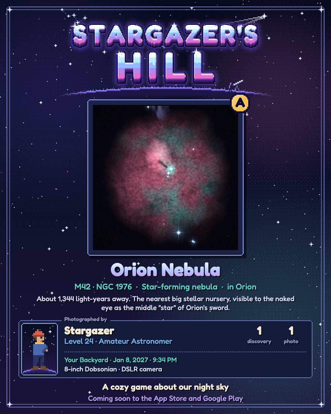 A share card: a photograph of the Orion Nebula with its name, facts, where and when it was taken, and the astronomer who took it.
