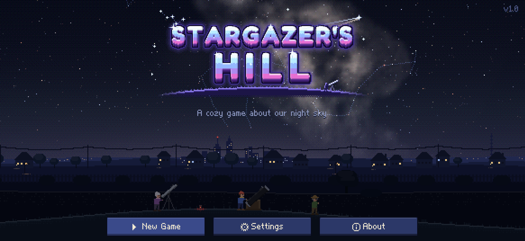 The title screen: three stargazers with their telescopes on a hill above the town, under the summer Milky Way.